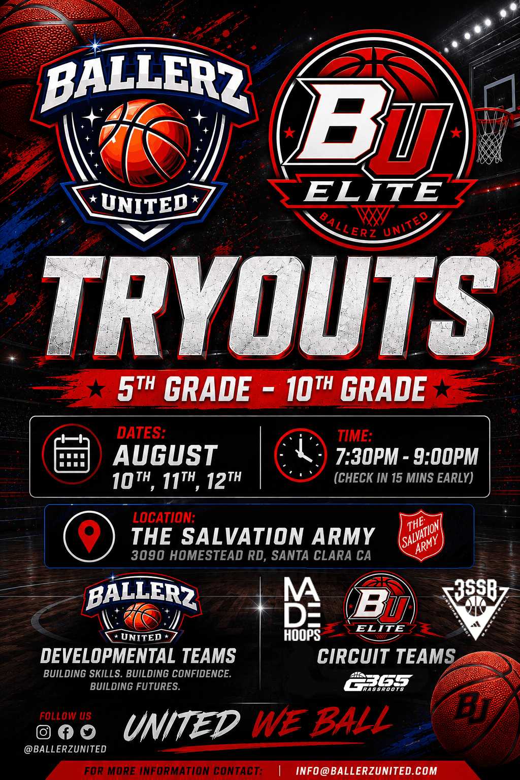 Ballerz United tryouts for 5th through 10th grade on August 10, 11, and 12 from 7:30 to 9:00 p.m. at The Salvation Army in Santa Clara